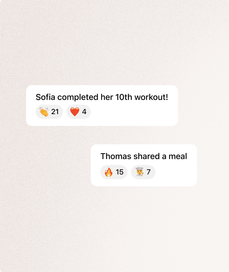 Two feed notices: Sofia completed her 10th workout, with 21 claps and 4 hearts, and Thomas shared a meal, with 15 and 7 reactions.