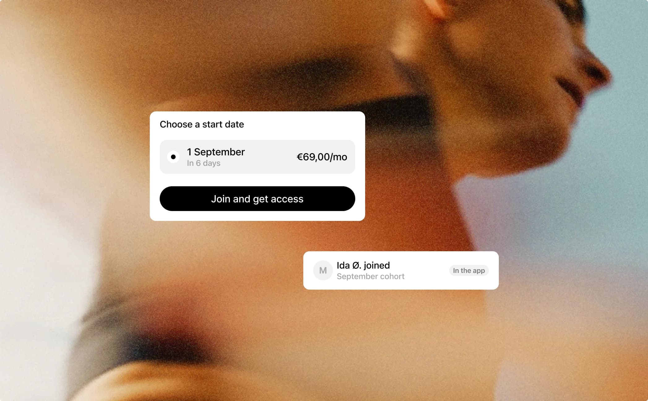 A coach in motion against a pale blue sky, the frame blurred by the movement, with a start date card offering 1 September at 69,00 euro a month beside a join and get access button, and a note that Ida Ø. joined the September cohort